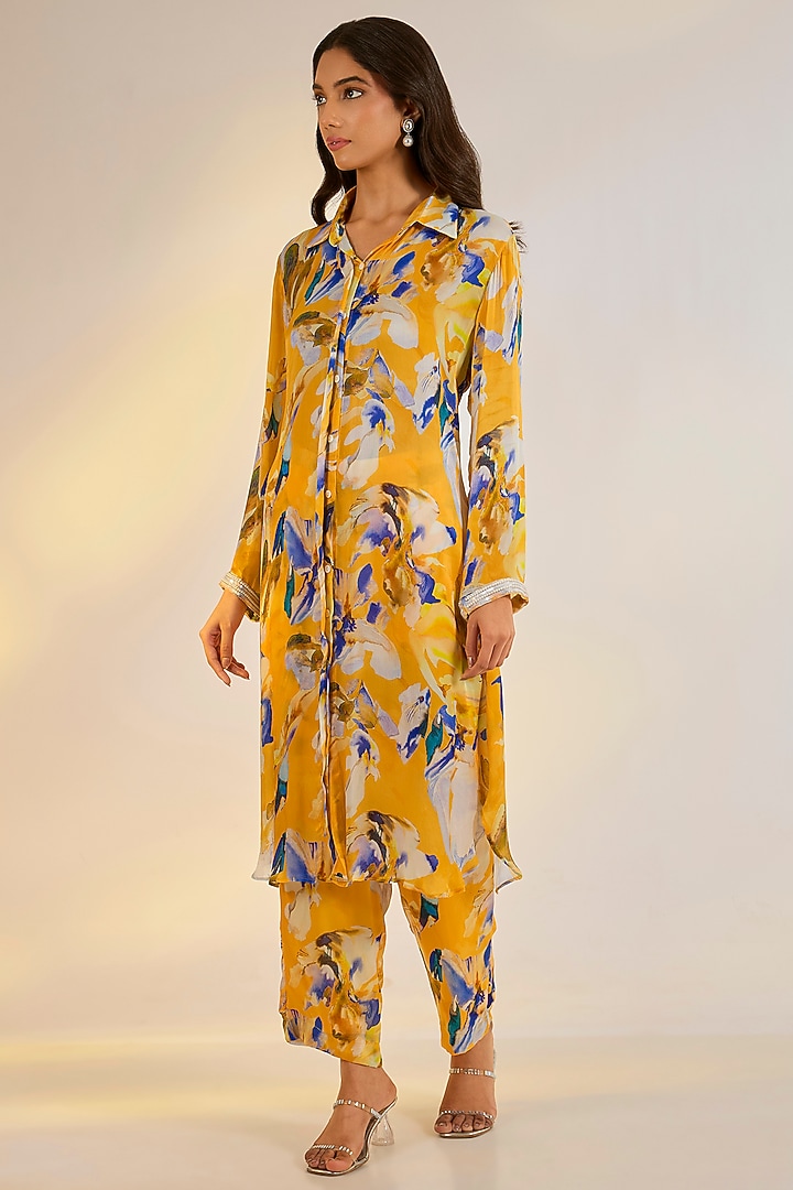 Yellow Chiffon Satin Digital Printed Co-Ord Set by Ewoke at Pernia's Pop Up Shop