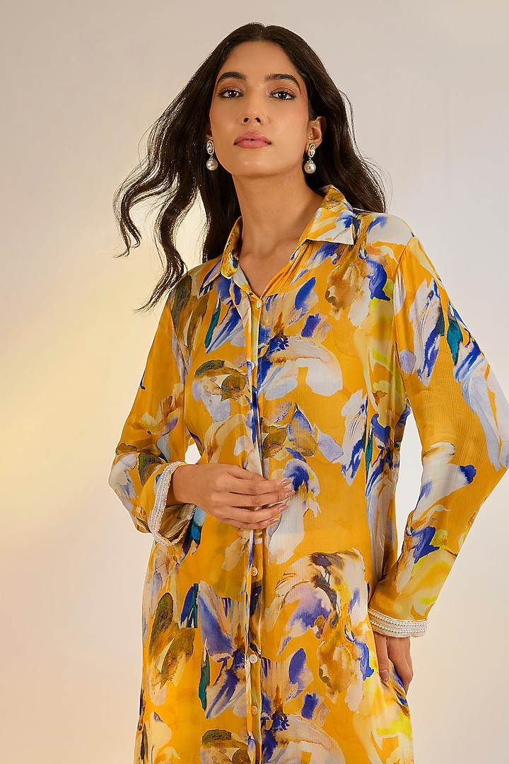 Yellow Chiffon Satin Digital Printed Co-Ord Set by Ewoke at Pernia's Pop Up Shop