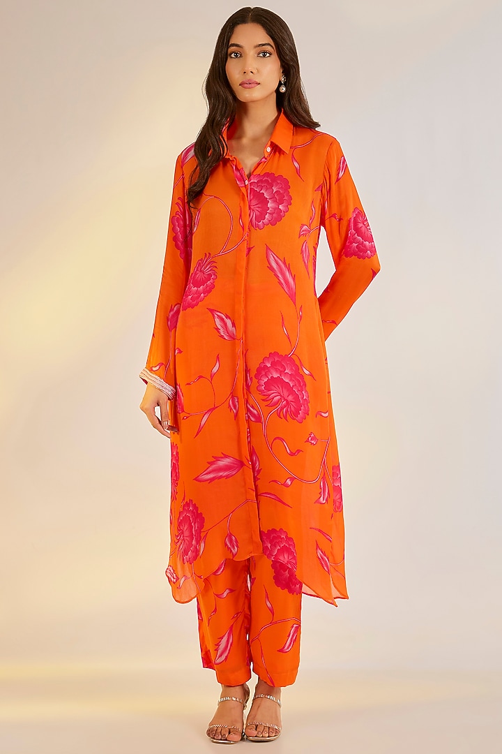 Orange Georgette Satin Digital Printed Co-Ord Set by Ewoke at Pernia's Pop Up Shop