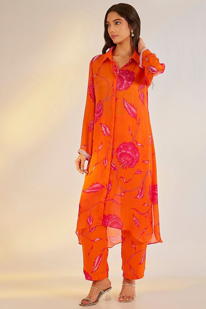 Orange Georgette Satin Digital Printed Co-Ord Set by Ewoke at Pernia's Pop Up Shop