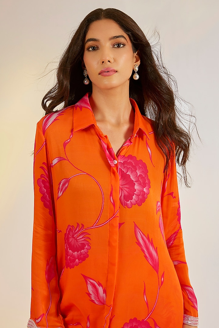 Orange Georgette Satin Digital Printed Co-Ord Set by Ewoke at Pernia's Pop Up Shop