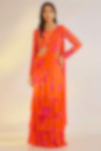 Orange Georgette Satin Digital Printed Pre-Draped Ruffled Party Wear Saree Set by Ewoke at Pernia's Pop Up Shop
