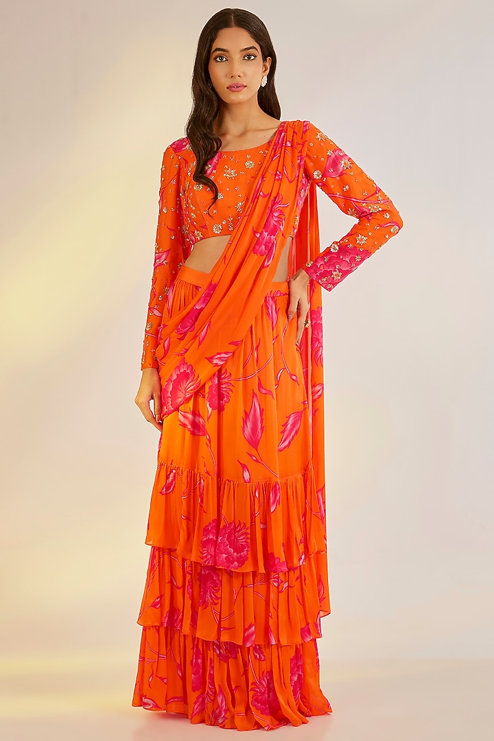 Orange Georgette Satin Digital Printed Pre-Draped Ruffled Party Wear Saree Set by Ewoke at Pernia's Pop Up Shop