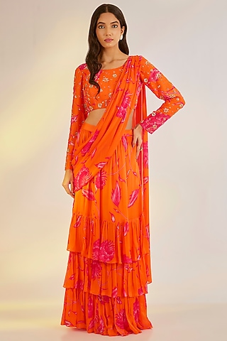 Orange Georgette Satin Digital Printed Pre-Draped Ruffled Saree Set by Ewoke