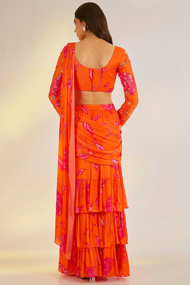 Orange Georgette Satin Digital Printed Pre-Draped Ruffled Party Wear Saree Set by Ewoke at Pernia's Pop Up Shop