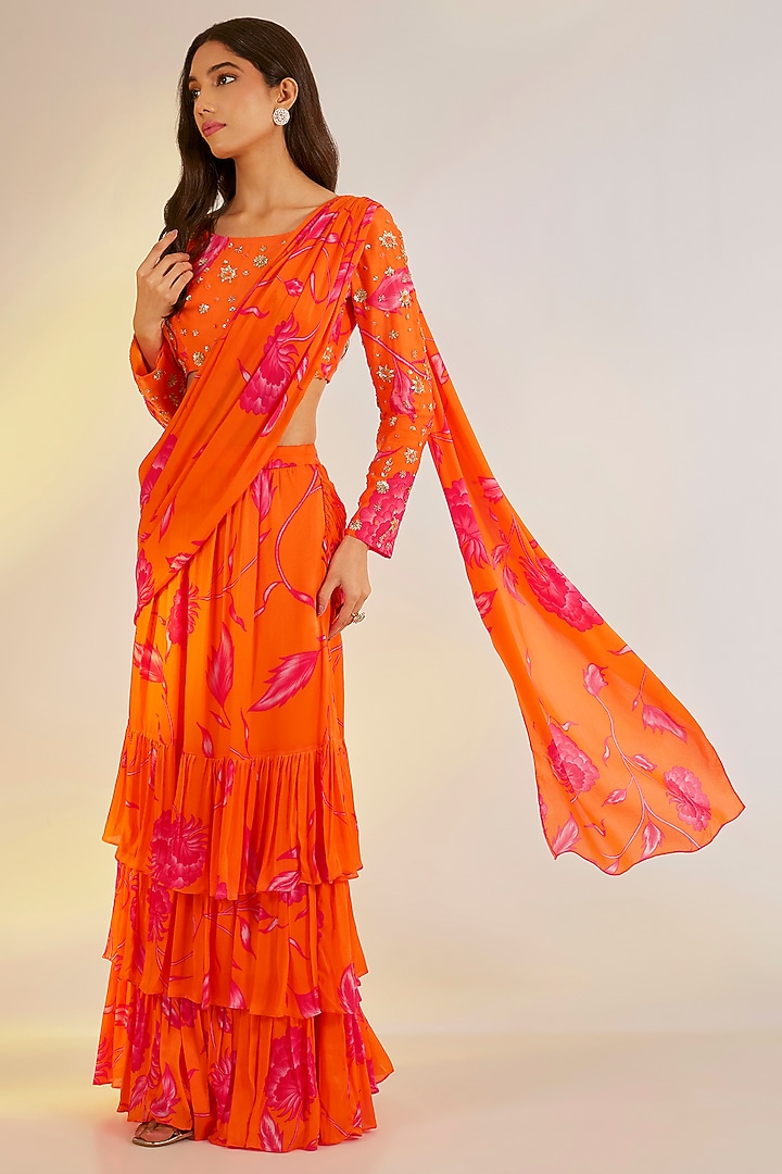 Orange Georgette Satin Digital Printed Pre-Draped Ruffled Party Wear Saree Set by Ewoke at Pernia's Pop Up Shop