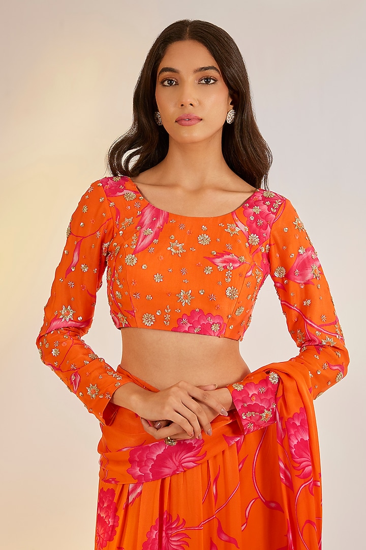 Orange Georgette Satin Digital Printed Pre-Draped Ruffled Party Wear Saree Set by Ewoke at Pernia's Pop Up Shop