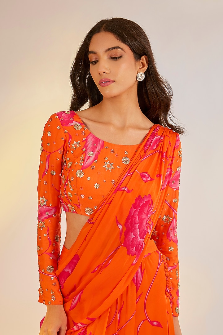 Orange Georgette Satin Digital Printed Pre-Draped Ruffled Party Wear Saree Set by Ewoke at Pernia's Pop Up Shop