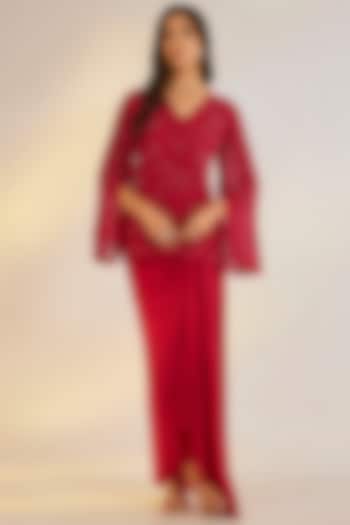 Red Crepe Draped Skirt Set by Ewoke at Pernia's Pop Up Shop