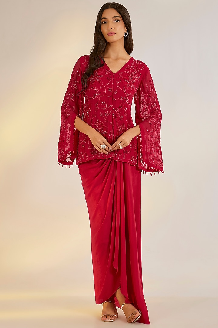 Red Crepe Draped Skirt Set by Ewoke at Pernia's Pop Up Shop