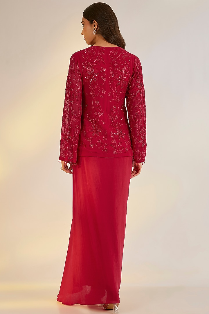 Red Crepe Draped Skirt Set by Ewoke at Pernia's Pop Up Shop