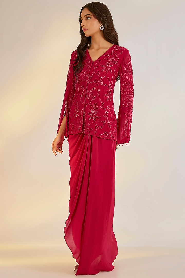 Red Crepe Draped Skirt Set by Ewoke at Pernia's Pop Up Shop