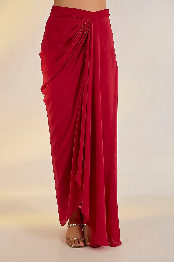 Red Crepe Draped Skirt Set by Ewoke at Pernia's Pop Up Shop