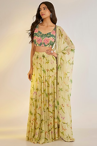 Green Georgette Digital Printed Lehenga Set by Ewoke