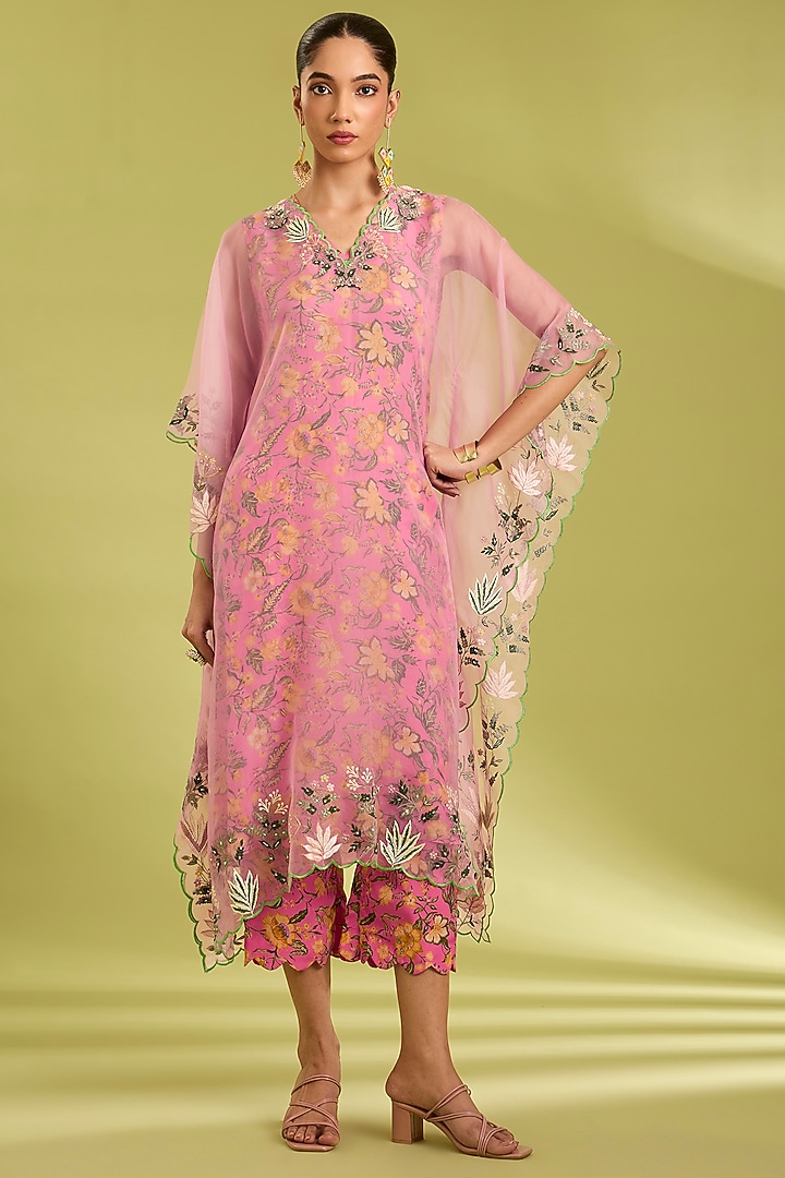 Pink Organza & Crepe Bead Embroidered Kaftan Set by Ewoke at Pernia's Pop Up Shop