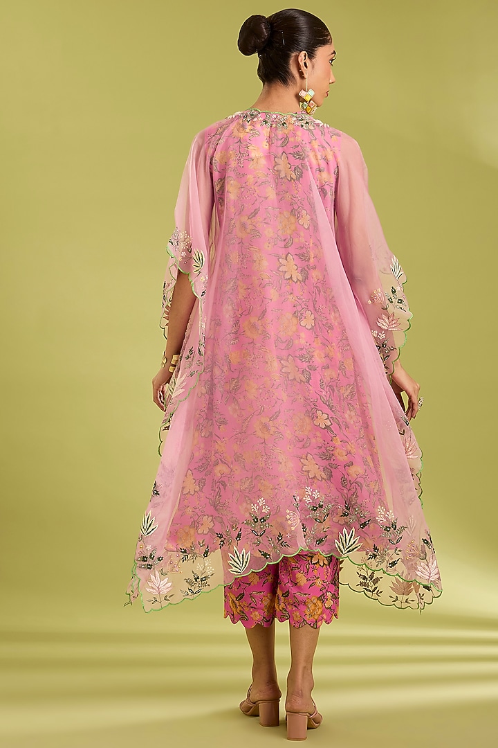 Pink Organza & Crepe Bead Embroidered Kaftan Set by Ewoke at Pernia's Pop Up Shop