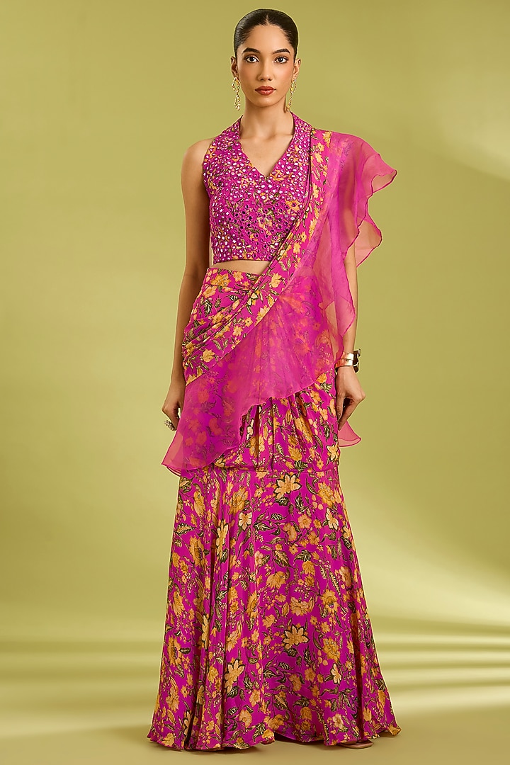 Pink Organza & Crepe Floral Printed Wedding Lehenga Saree Set by Ewoke at Pernia's Pop Up Shop