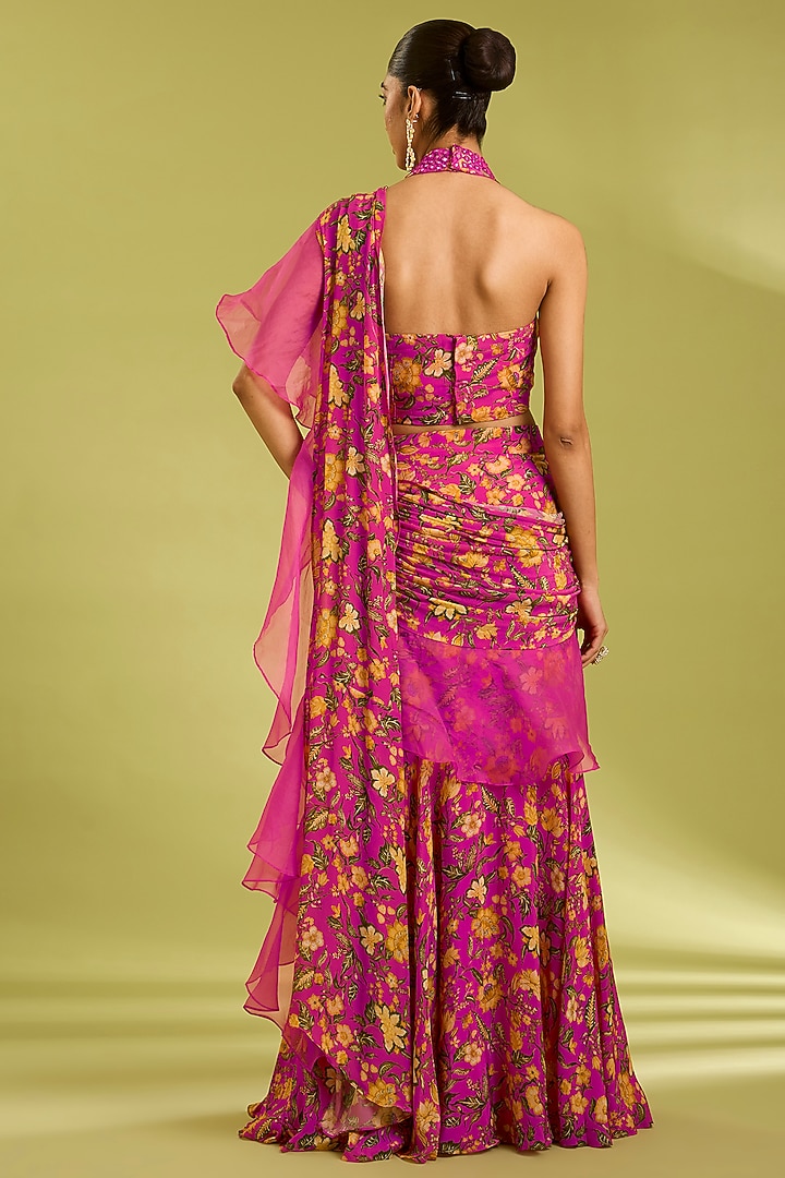 Pink Organza & Crepe Floral Printed Wedding Lehenga Saree Set by Ewoke at Pernia's Pop Up Shop