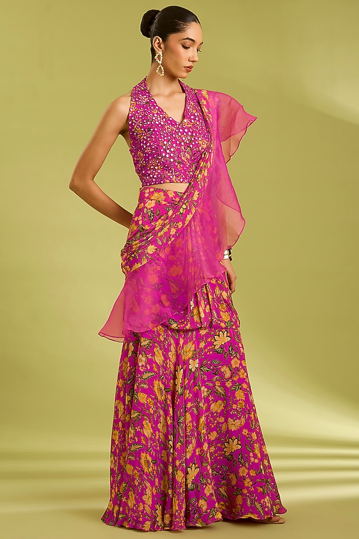 Pink Organza & Crepe Floral Printed Wedding Lehenga Saree Set by Ewoke at Pernia's Pop Up Shop