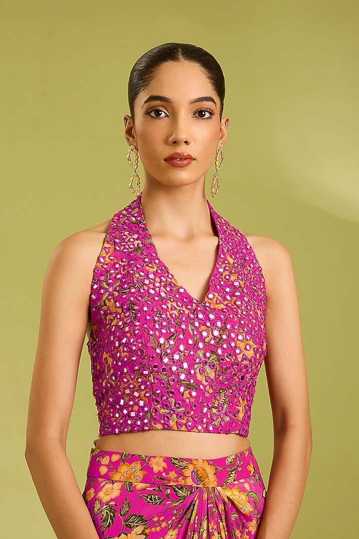 Pink Organza & Crepe Floral Printed Wedding Lehenga Saree Set by Ewoke at Pernia's Pop Up Shop