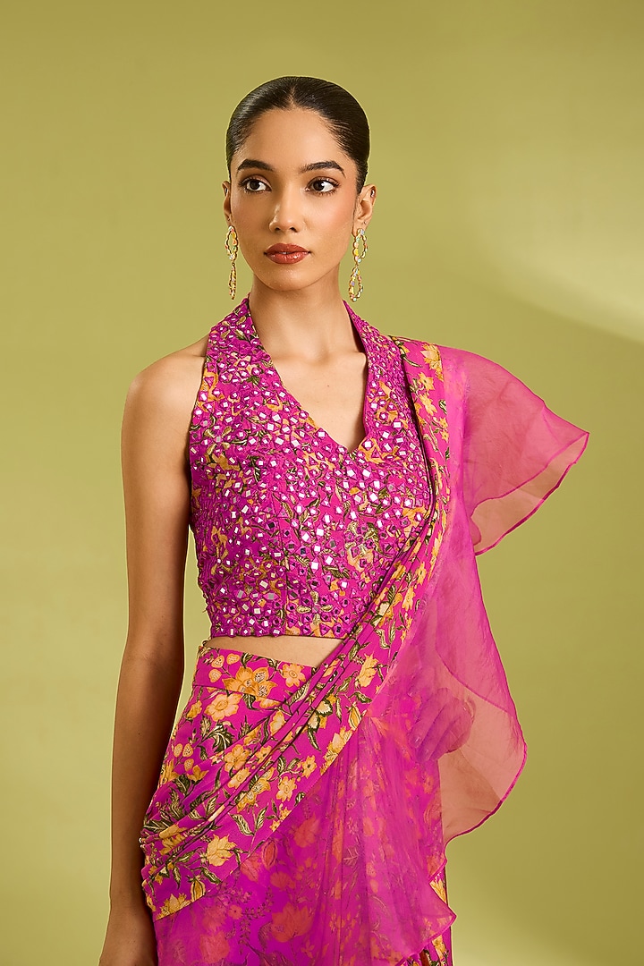 Pink Organza & Crepe Floral Printed Wedding Lehenga Saree Set by Ewoke at Pernia's Pop Up Shop