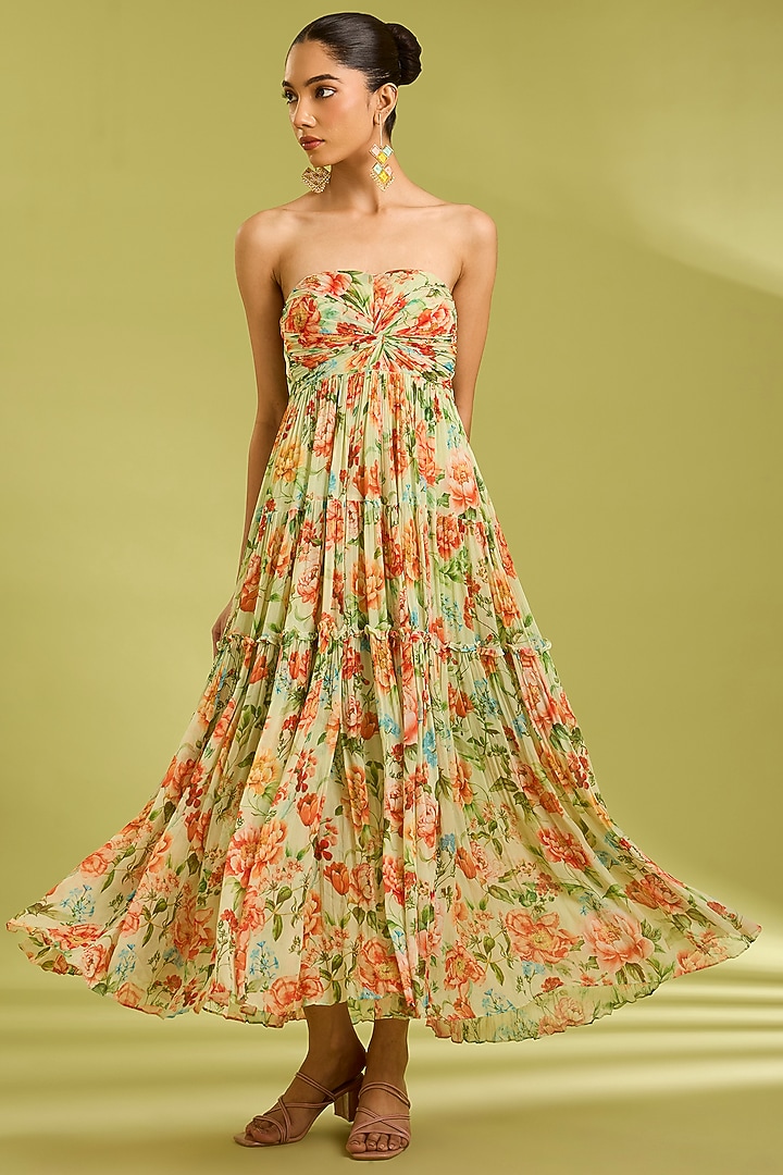Green Chiffon Floral Printed Maxi Summer Dress by Ewoke at Pernia's Pop Up Shop