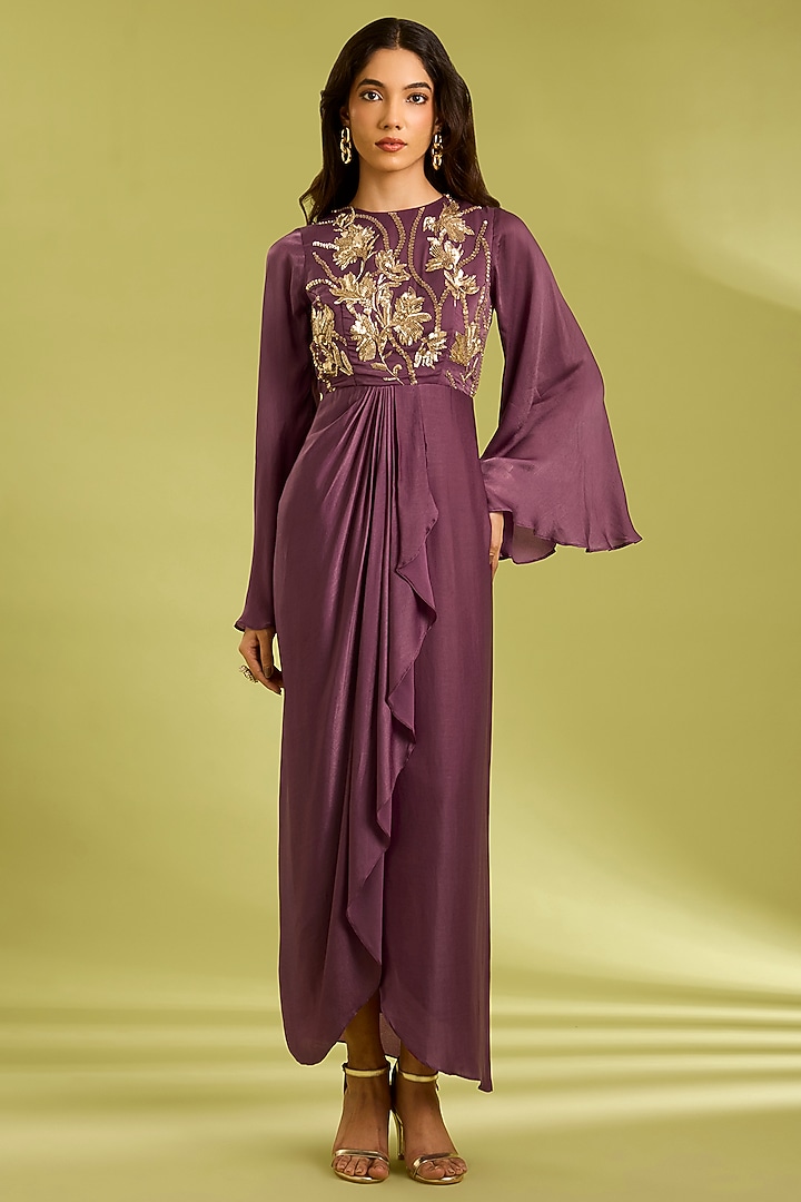 Mauve Georgette Satin Crystal Embroidered Draped Vacation Dress by Ewoke at Pernia's Pop Up Shop