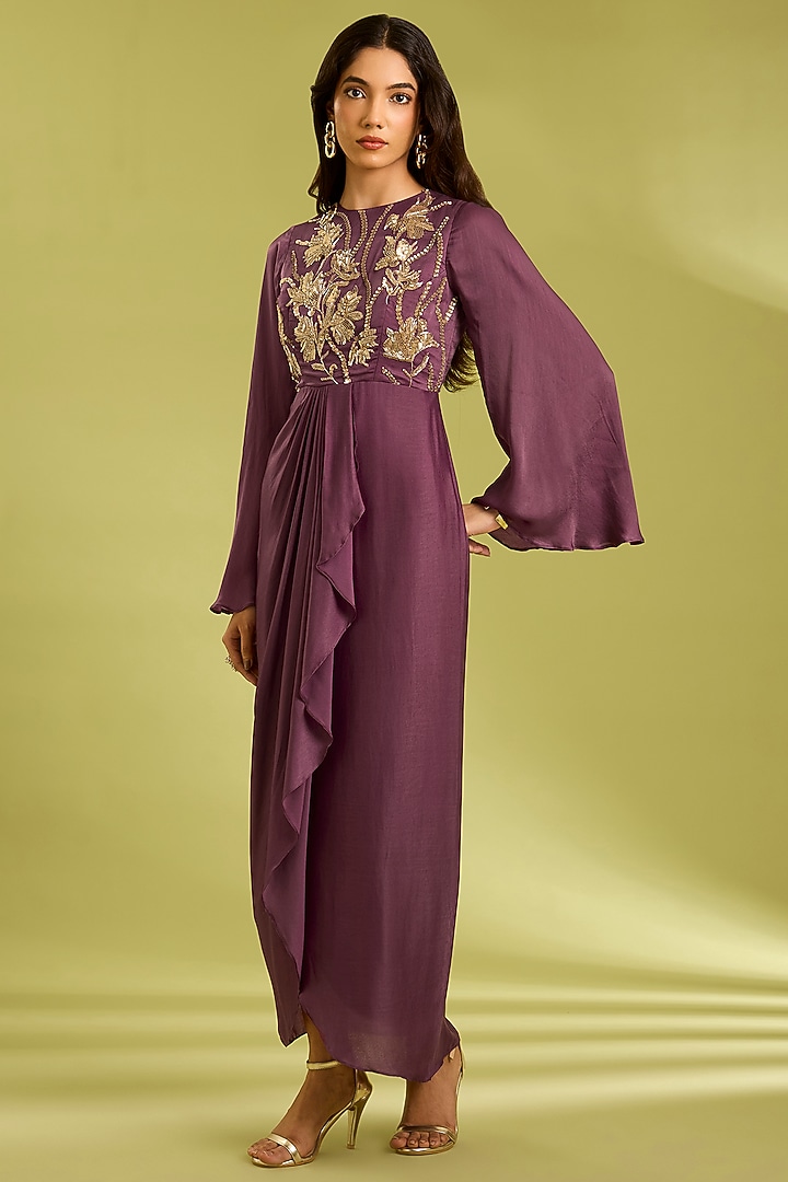 Mauve Georgette Satin Crystal Embroidered Draped Vacation Dress by Ewoke at Pernia's Pop Up Shop