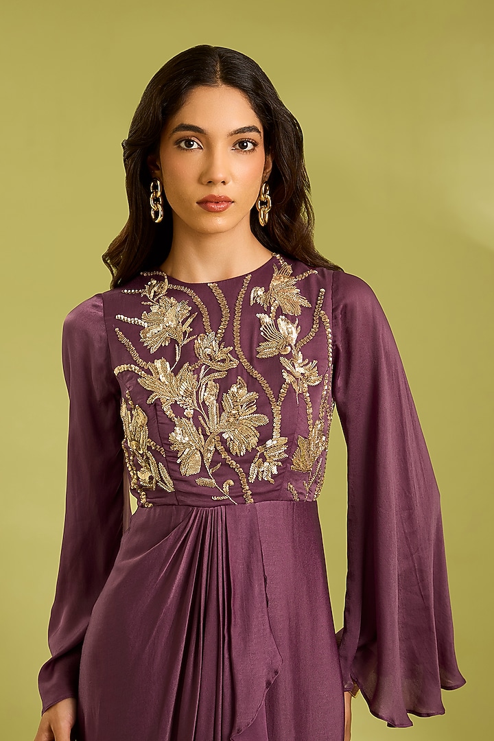 Mauve Georgette Satin Crystal Embroidered Draped Vacation Dress by Ewoke at Pernia's Pop Up Shop