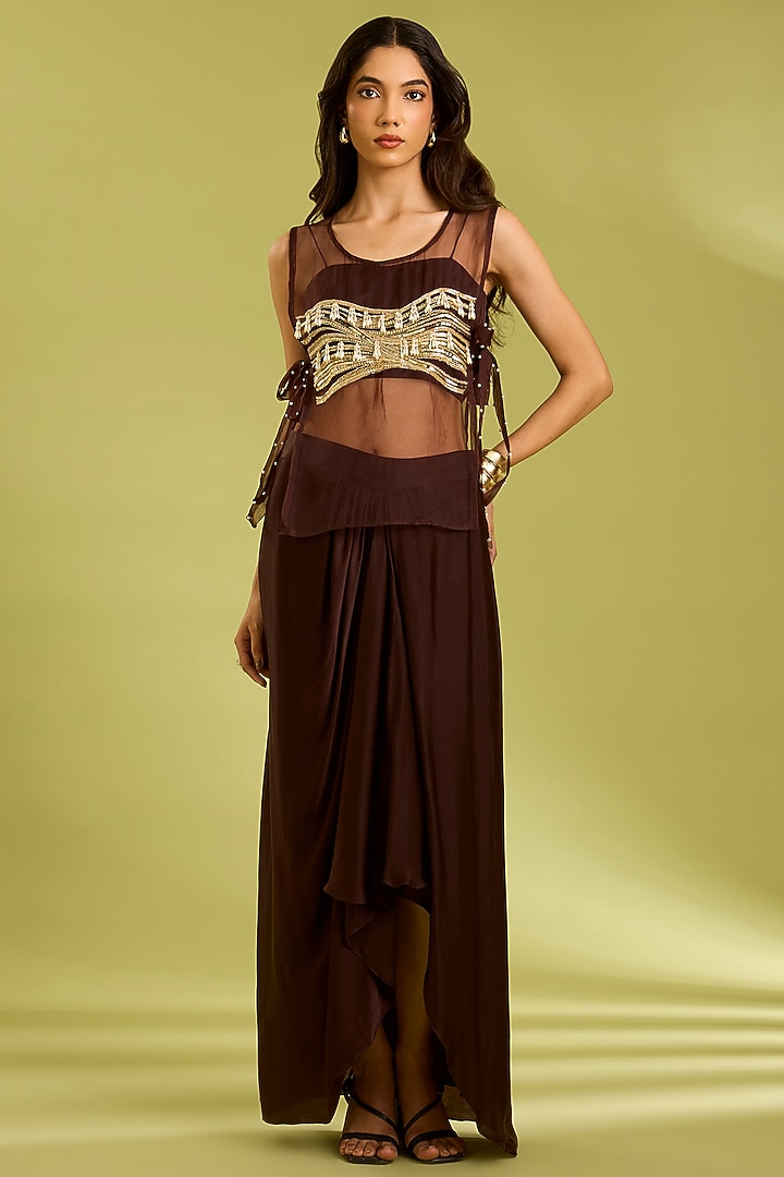 Brown Georgette Satin Draped Skirt Set by Ewoke at Pernia's Pop Up Shop