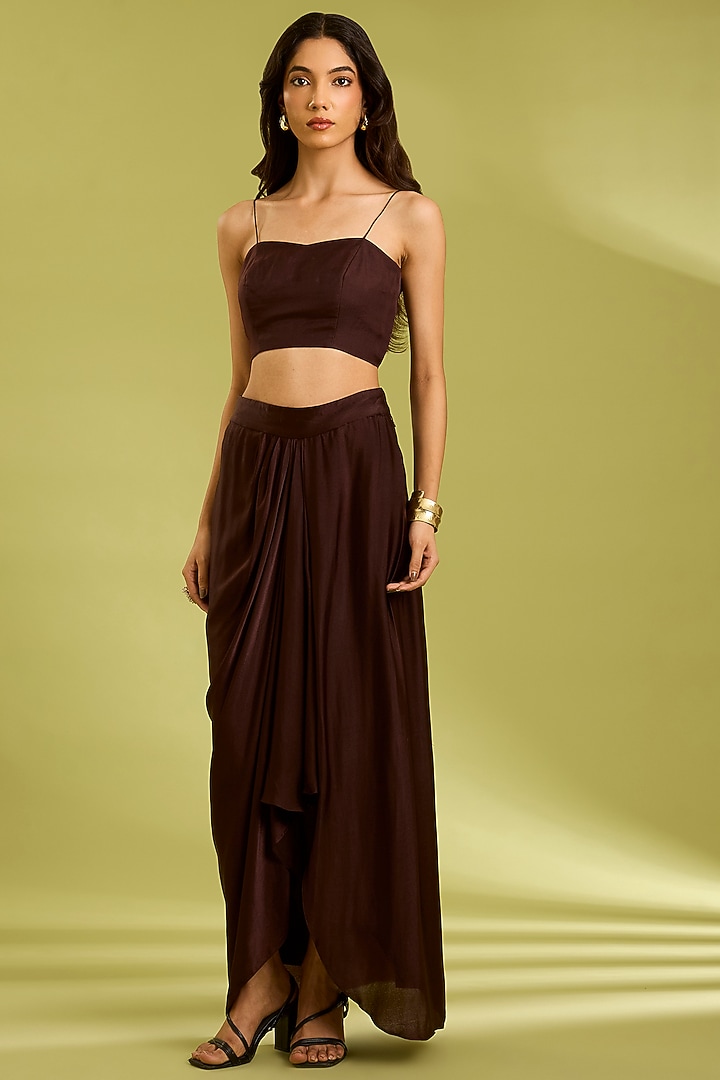 Brown Georgette Satin Draped Skirt Set by Ewoke at Pernia's Pop Up Shop