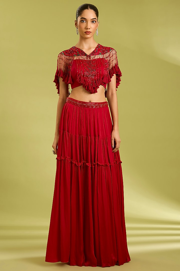 Red Georgette Satin Tiered Skirt Set by Ewoke at Pernia's Pop Up Shop