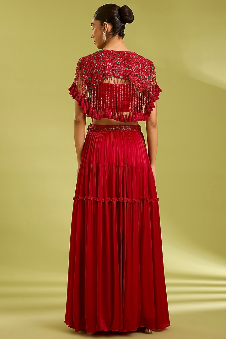 Red Georgette Satin Tiered Skirt Set by Ewoke at Pernia's Pop Up Shop