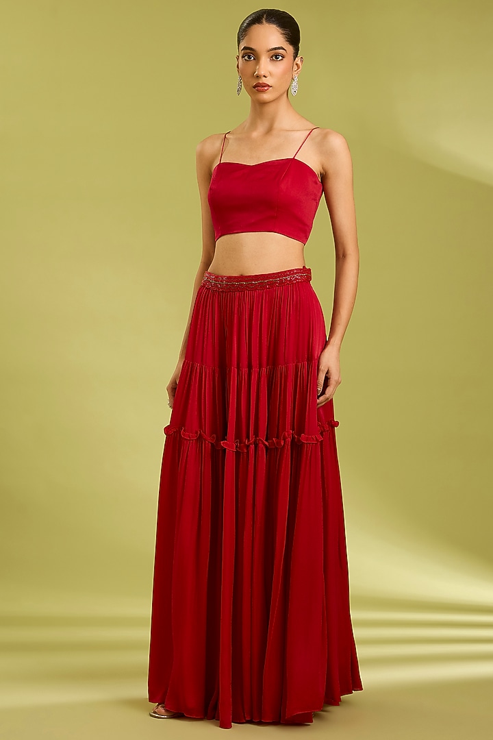 Red Georgette Satin Tiered Skirt Set by Ewoke at Pernia's Pop Up Shop