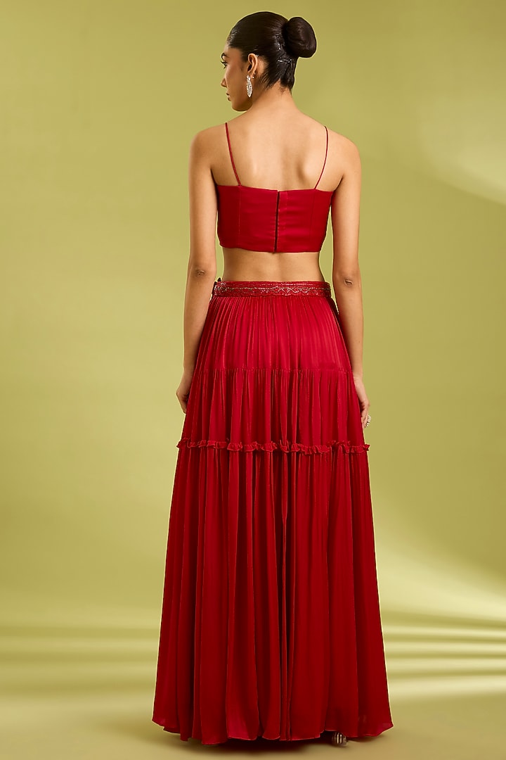 Red Georgette Satin Tiered Skirt Set by Ewoke at Pernia's Pop Up Shop