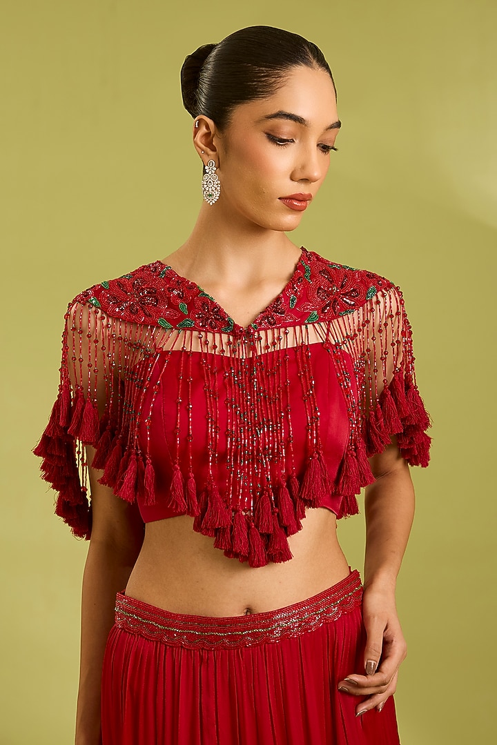 Red Georgette Satin Tiered Skirt Set by Ewoke at Pernia's Pop Up Shop