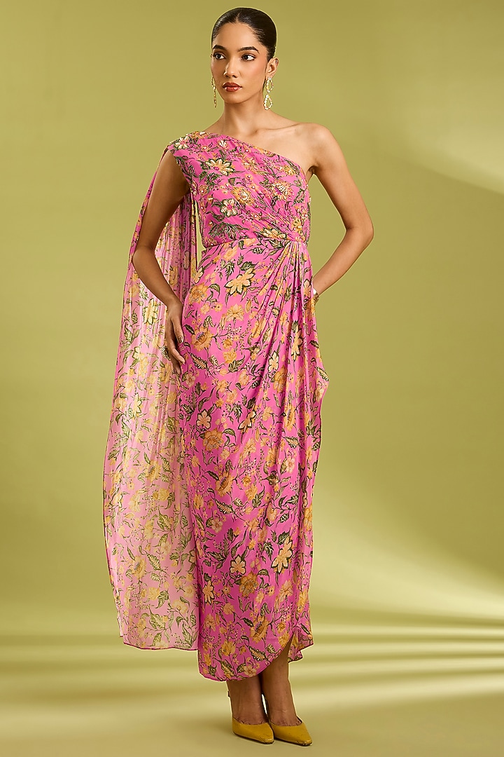 Pink Crepe Floral Printed One-Shoulder Summer Dress by Ewoke at Pernia's Pop Up Shop