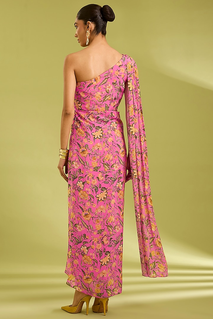 Pink Crepe Floral Printed One-Shoulder Summer Dress by Ewoke at Pernia's Pop Up Shop