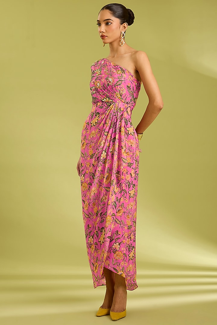 Pink Crepe Floral Printed One-Shoulder Summer Dress by Ewoke at Pernia's Pop Up Shop