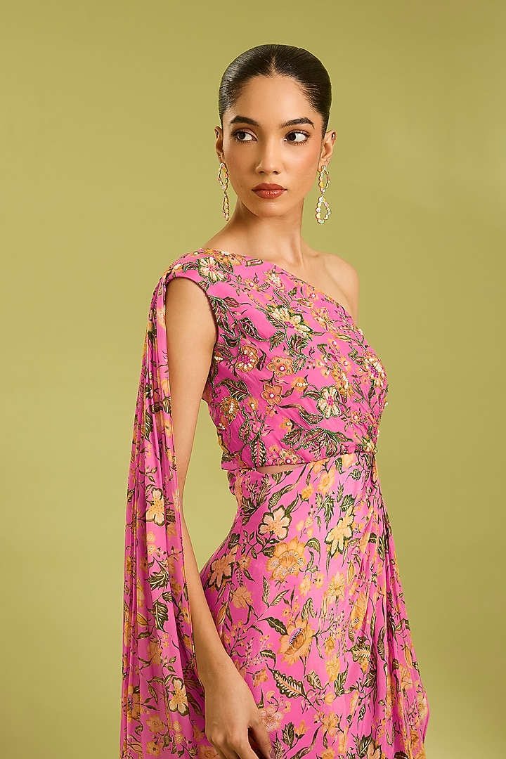 Pink Crepe Floral Printed One-Shoulder Summer Dress by Ewoke at Pernia's Pop Up Shop