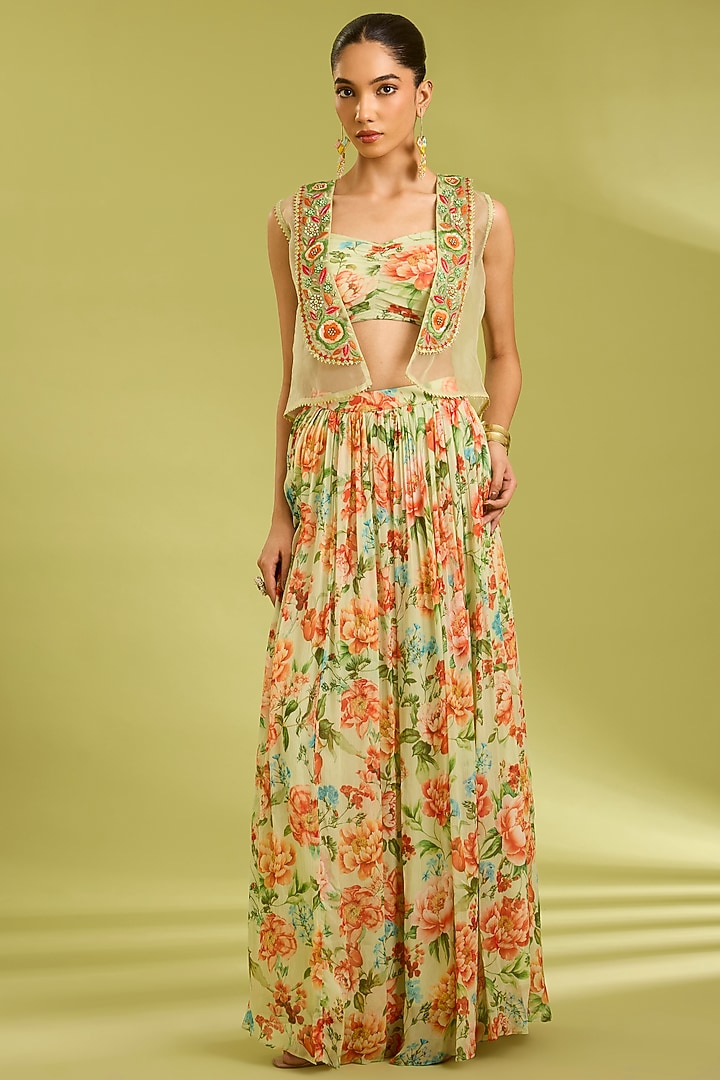 Green Chiffon Floral Printed Skirt Set by Ewoke at Pernia's Pop Up Shop