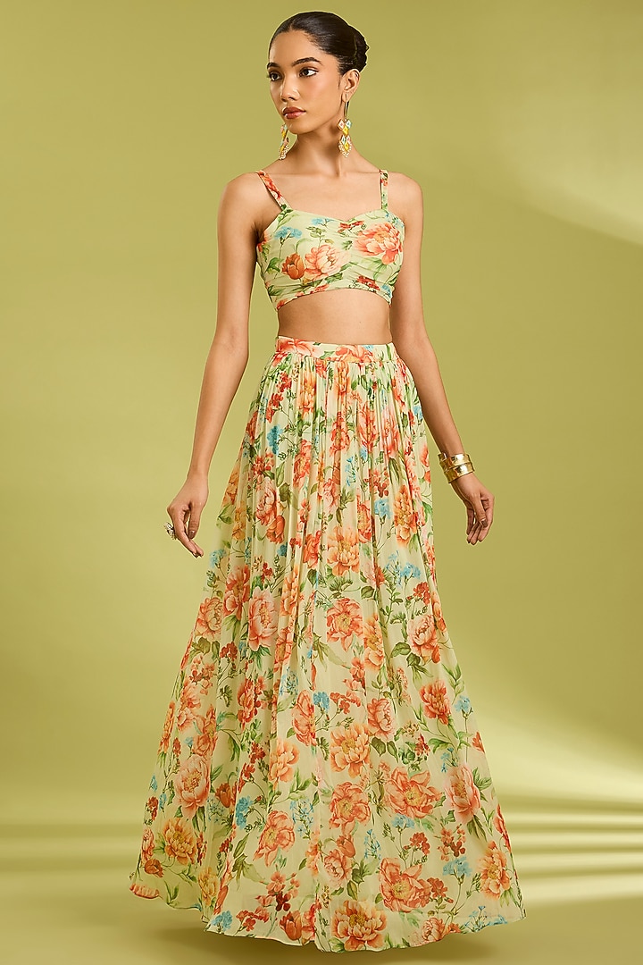 Green Chiffon Floral Printed Skirt Set by Ewoke at Pernia's Pop Up Shop