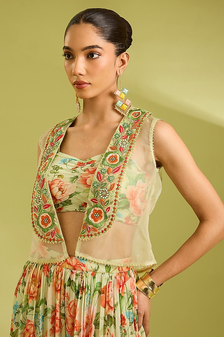 Green Chiffon Floral Printed Skirt Set by Ewoke at Pernia's Pop Up Shop