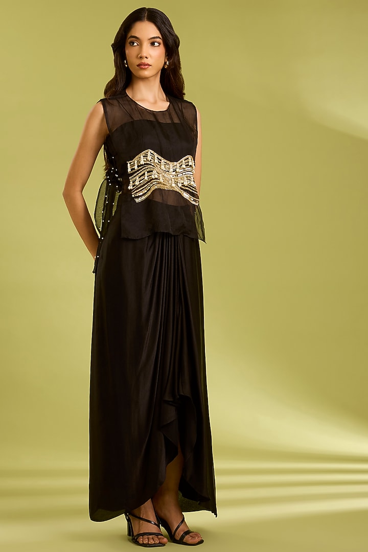 Black Georgette Satin Draped Skirt Set by Ewoke at Pernia's Pop Up Shop