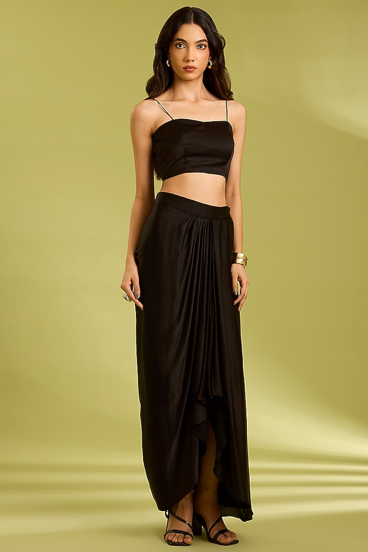 Black Georgette Satin Draped Skirt Set by Ewoke at Pernia's Pop Up Shop