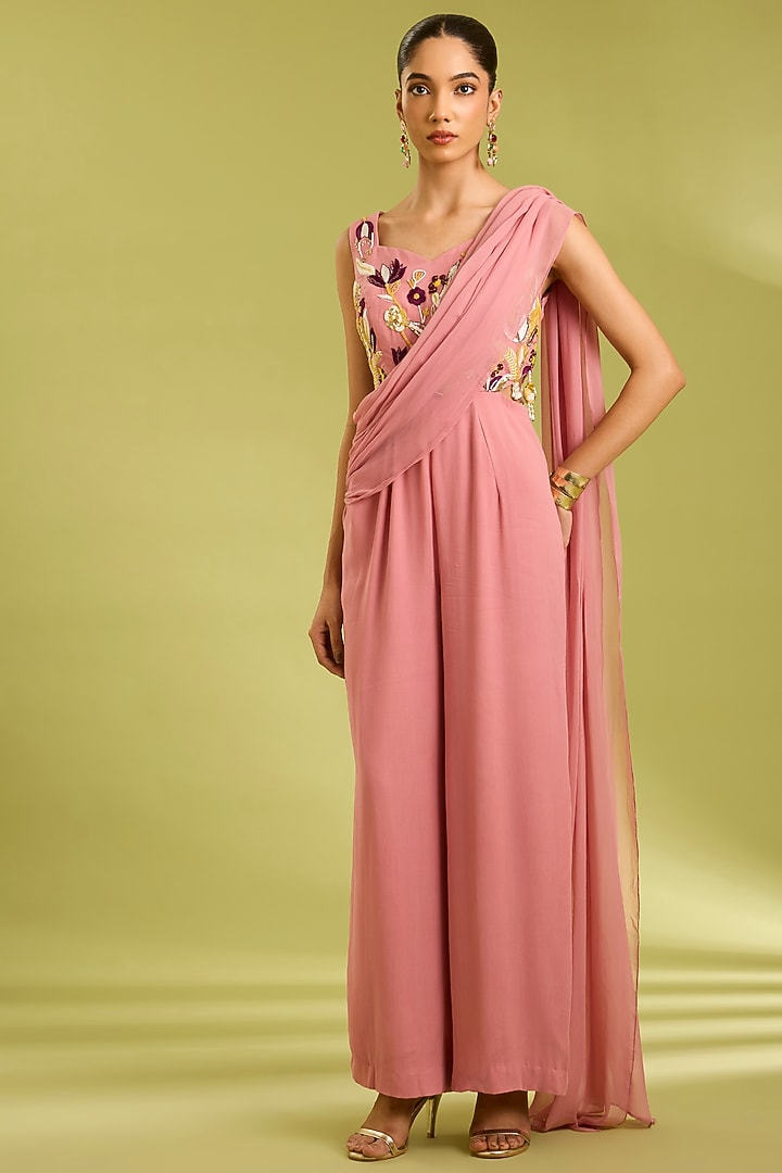 Pink Georgette Hand Embellished Jumpsuit by Ewoke at Pernia's Pop Up Shop