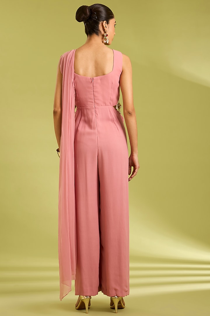 Pink Georgette Hand Embellished Jumpsuit by Ewoke at Pernia's Pop Up Shop