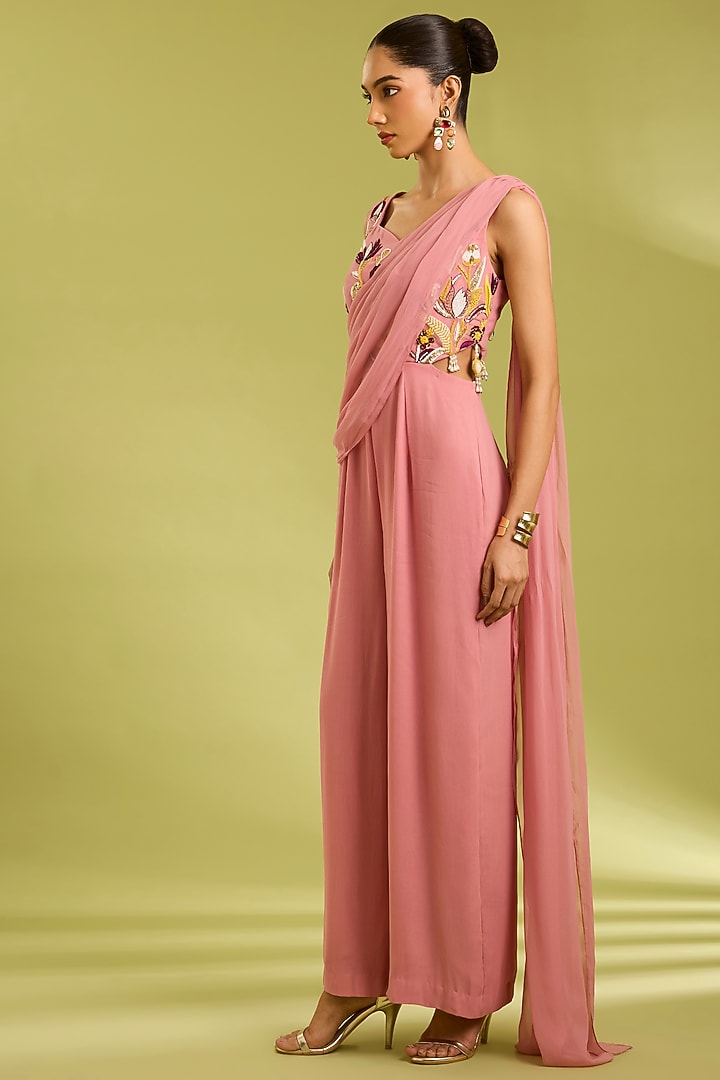 Pink Georgette Hand Embellished Jumpsuit by Ewoke at Pernia's Pop Up Shop