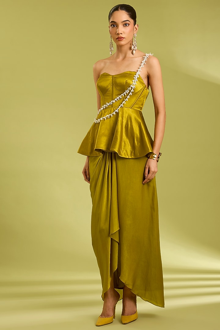 Green Georgette Satin Draped Skirt Set by Ewoke at Pernia's Pop Up Shop