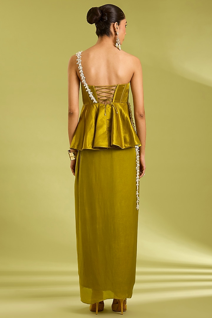 Green Georgette Satin Draped Skirt Set by Ewoke at Pernia's Pop Up Shop